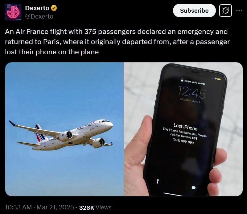 A missing phone caused an Air France flight to return to Paris after one hour. Image credit-X - Crowded Air France jet forced to return to Paris after passenger loses his smartphone