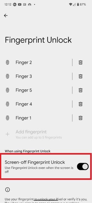 Screenshot shows how you can enable the Screen-off Fingerprint Unlock feature in Android 16.