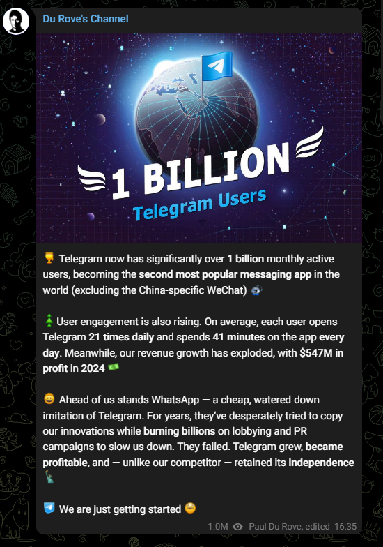 Image source – Pavel Durov&#039;s Telegram account - WhatsApp is a &quot;cheap, watered-down imitation&quot;, while Telegram is &quot;the second most popular&quot; chat app, CEO says
