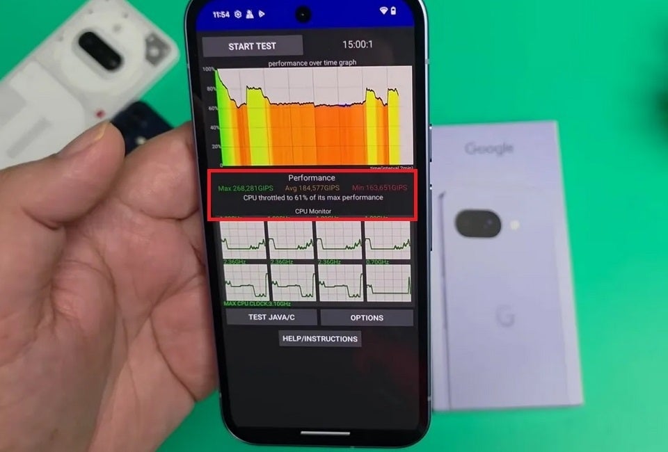 Image of Pixel 9a running a benchmark test that shows it is throttled at 61% of max performance.