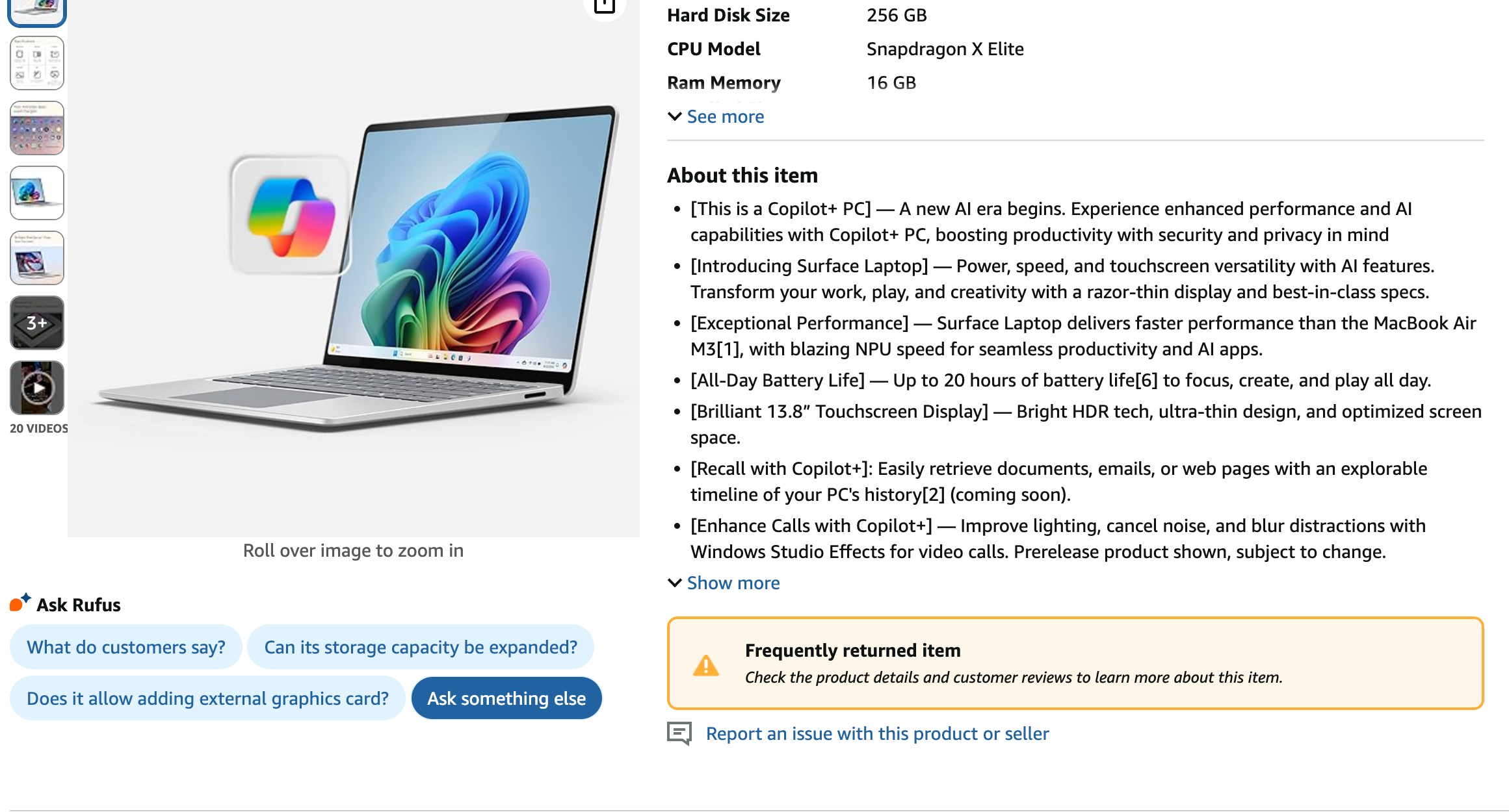 A screenshot of Amazon&amp;#039;s product page with the Surface Laptop 7. 