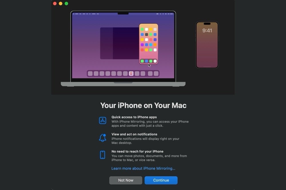 Screenshot of the iPhone Mirroring onboarding process on a Mac