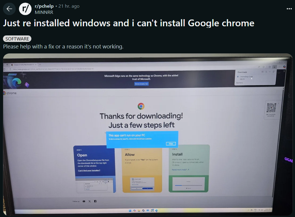 Image source – Reddit - If your Windows laptop says it can&#039;t install or run Google Chrome, don&#039;t panic: there&#039;s a fix