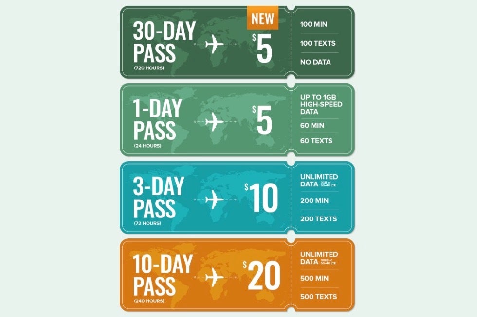 Screenshot of the different international passes offered by Mint Mobile