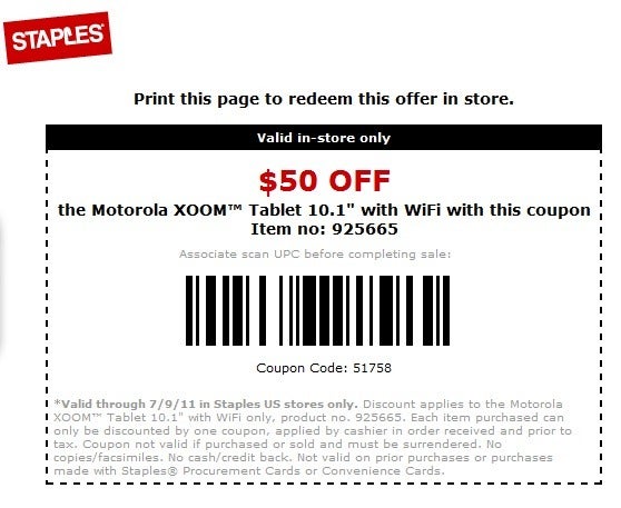 Coupon brings the Motorola XOOM Wi-Fi to $450 for the next two days at Staples