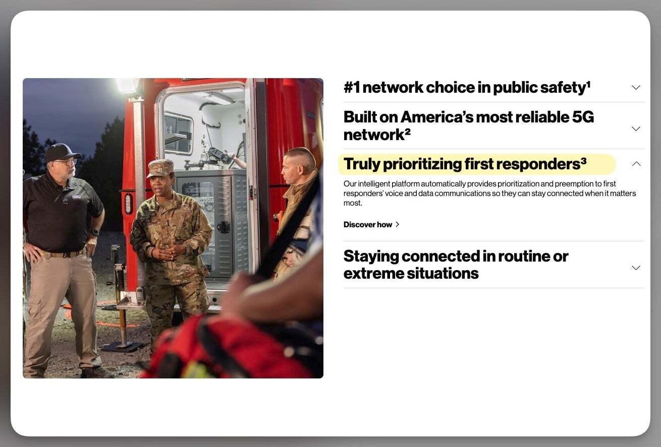 Verizon&#039;s Frontline page claims they &#039;Truly prioritize first responders&#039;. | Image credit — Verizon - Verizon unveils new trailer to command and control first responders drones