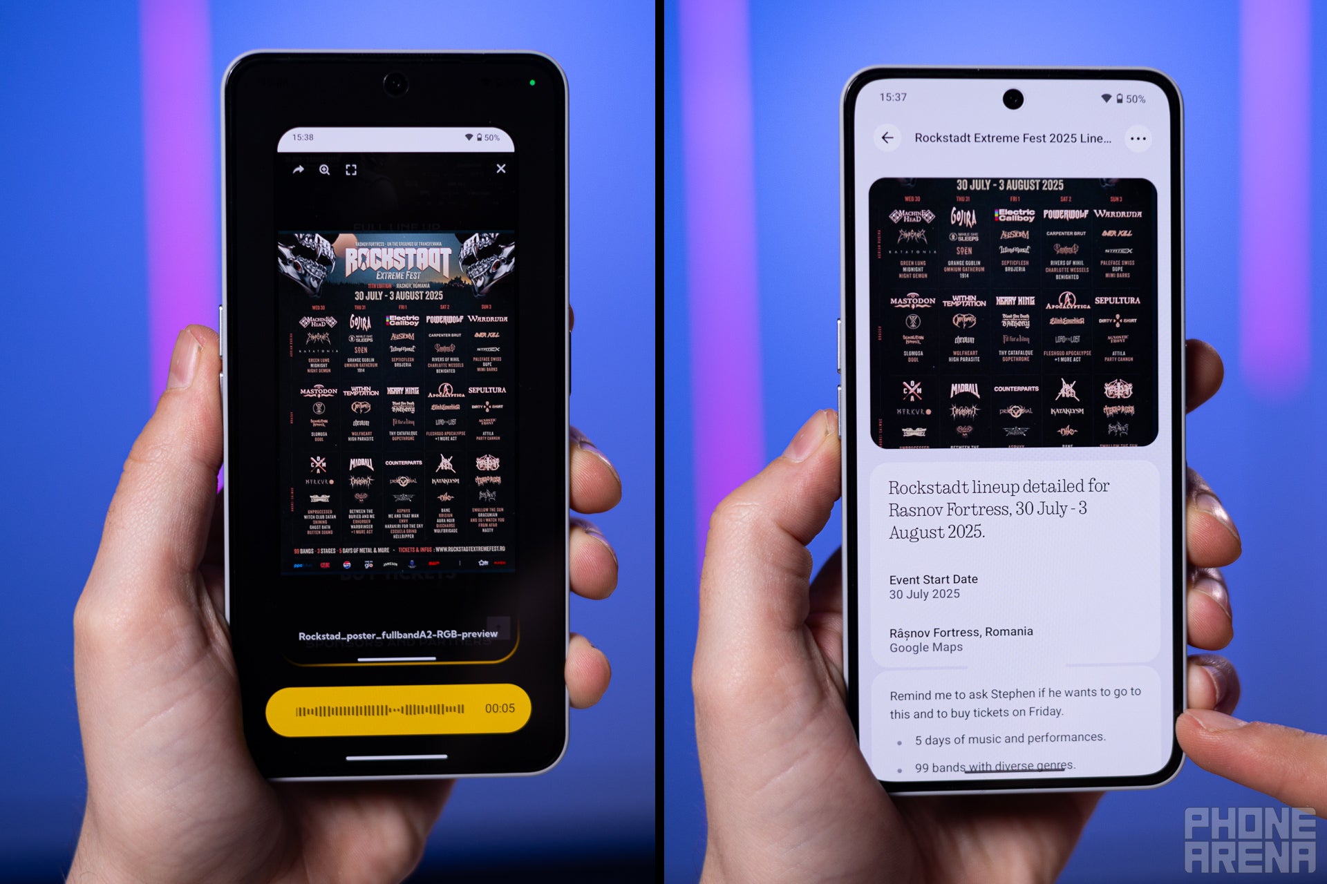 Voice note said - Remind me to ask Stephen if he wants to go and to get tickets -, the AI pulled extensive information that keeps going, and added two reminders (Image credit - PhoneArena) - Thoughtful use of AI: underdog shows the big brands how it&#039;s done