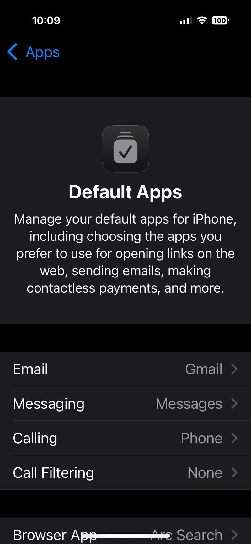 Screenshot of the iPhone default apps menus