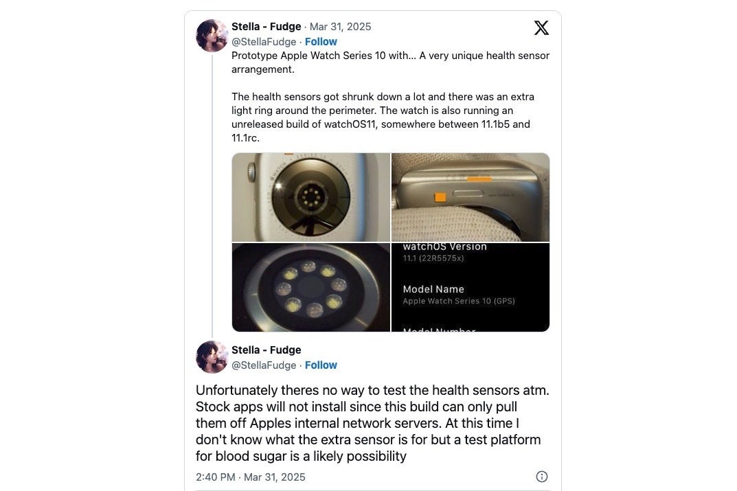 Screenshot from X post showing leaked images from Apple Watch Series 10 prototype