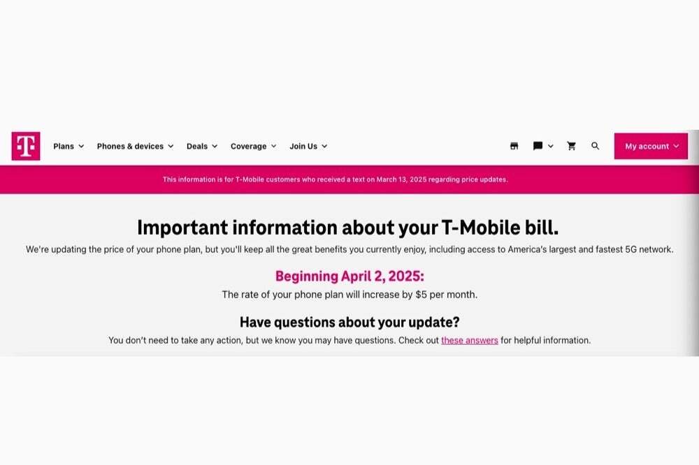 Screenshot of notice on T-Mobile's site notifying users of the price hike