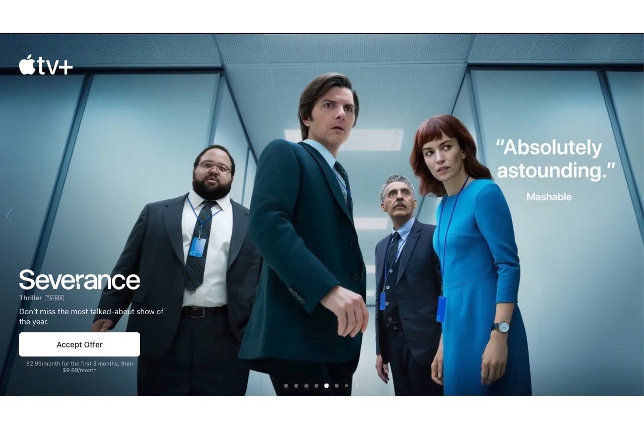 Image from the Apple TV website showing their newest offer with a Severance show graphic in the background