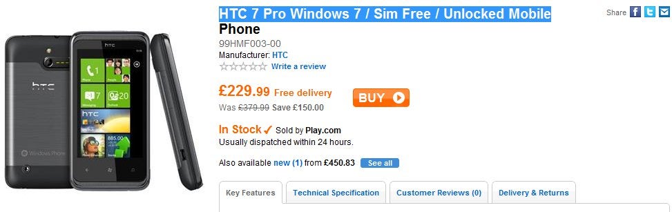 SIM-free version of the HTC 7 Pro is selling for eye catching price of £229