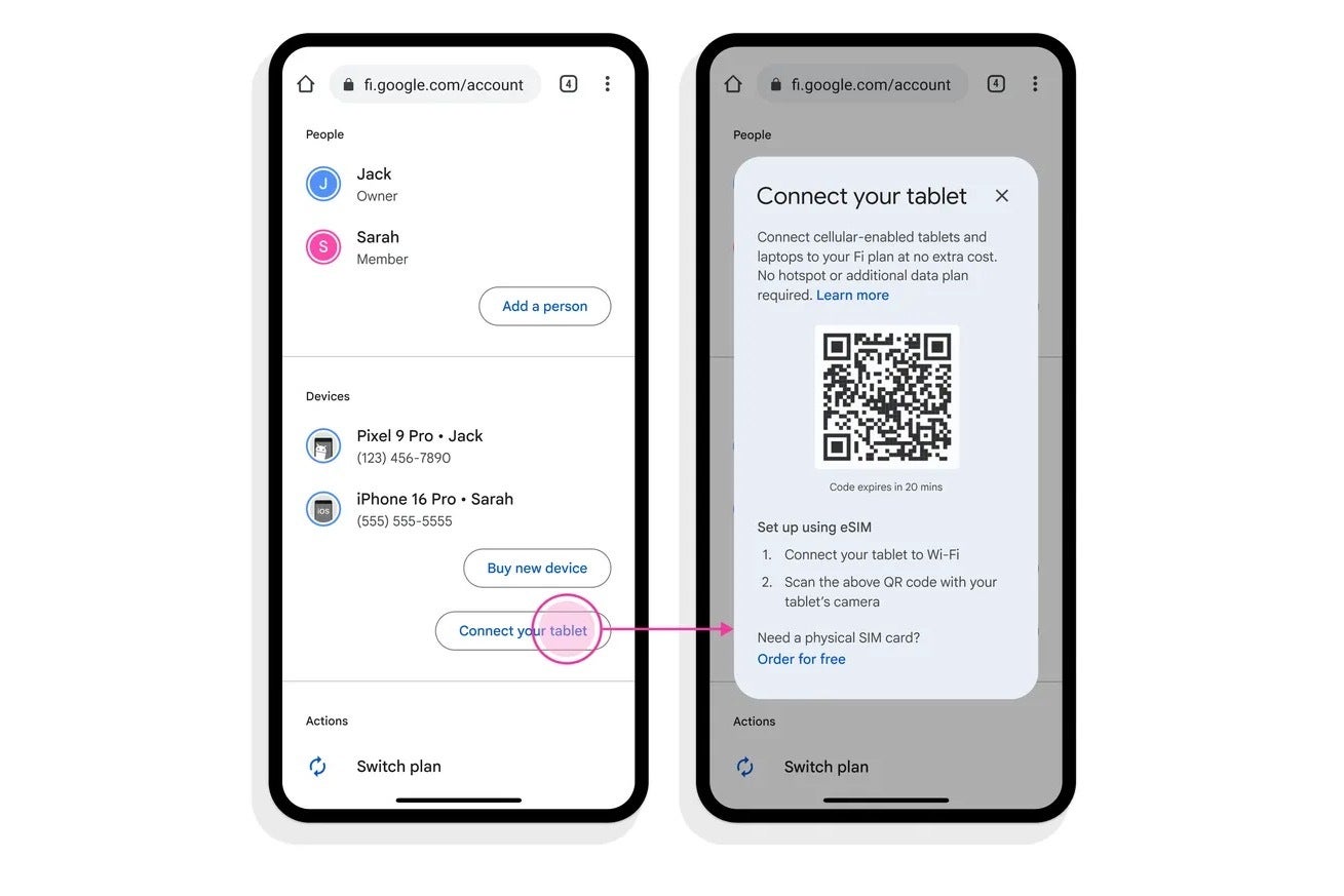 Screenshot of instructions on how to connect tablet to Google Fi