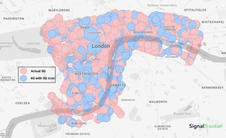 A map of London shows 38% of cell connections labeled by users phones as being 5G were actually 4G.