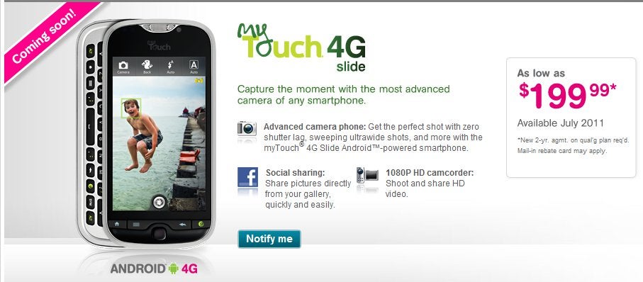 T-Mobile myTouch 4G Slide sign up page reveals its $199.99 on-contract price