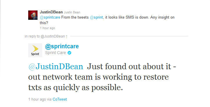 This tweet from Sprint Care says the carrier is working to repair SMS service asap - Sprint users unable to send texts around the country today?