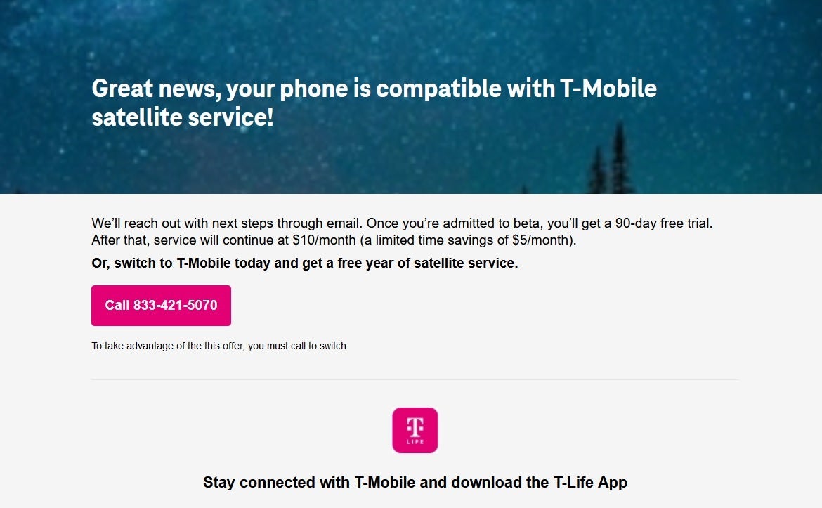 Screenshot of the email sent by T-Mobile alerting those who signed up for the T-Satellite beta.