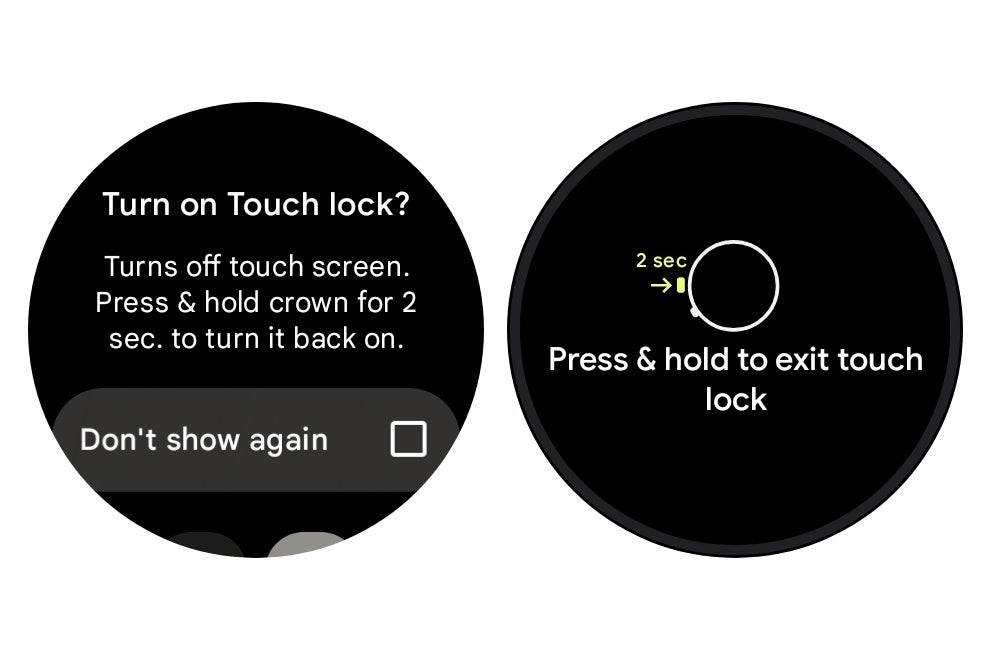 Screenshots of the Touch Lock feature on the Pixel Watch