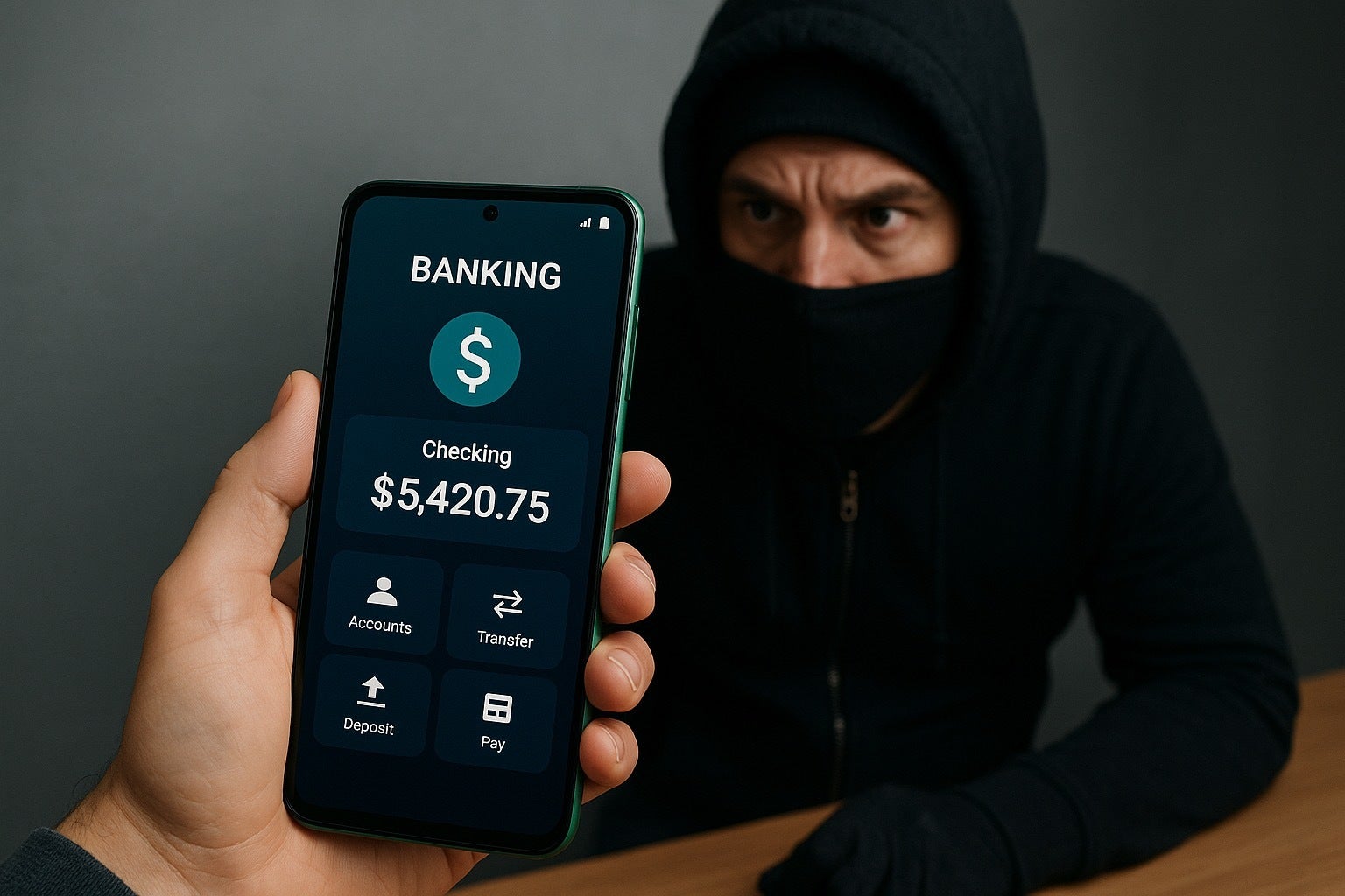 AI-generated image of a thief spying on a phone with a banking app