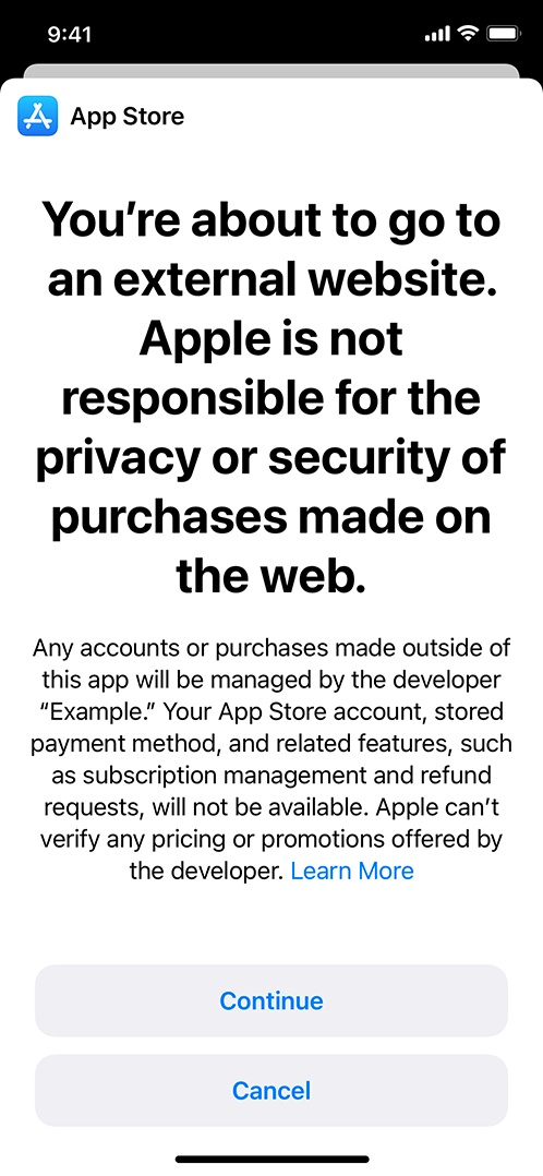 A screenshot with a warning about leaving the App Store.