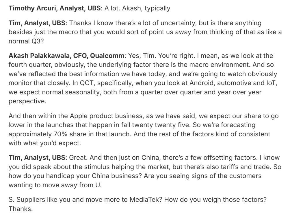 Transcrição relevante da chamada de ganhos da Qualcomm. | Crédito da imagem - Investimento - Podemos assumir quais modelos iPhone 17 receberão o modem celular da Apple