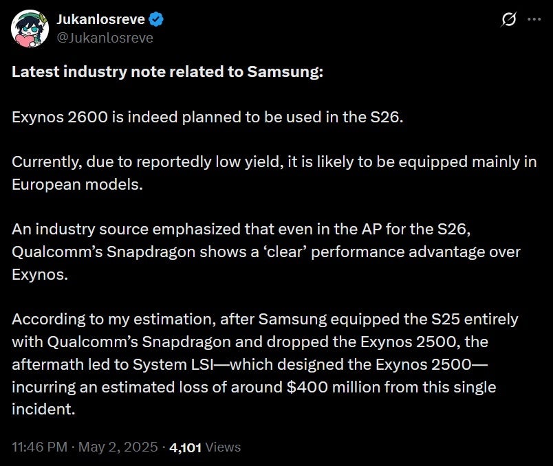 Tweet from tipster explains how the Exynos 2600 AP could be used on European Galaxy S26 and S26+ units.