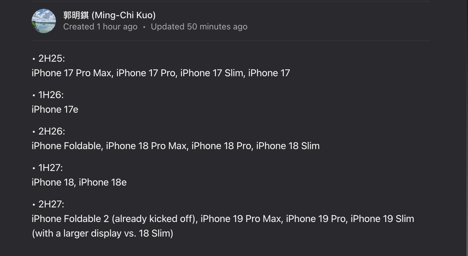 A screenshot of a post by Ming-Chi Kuo outlining his predictions for future iPhone models and their potential release years.
