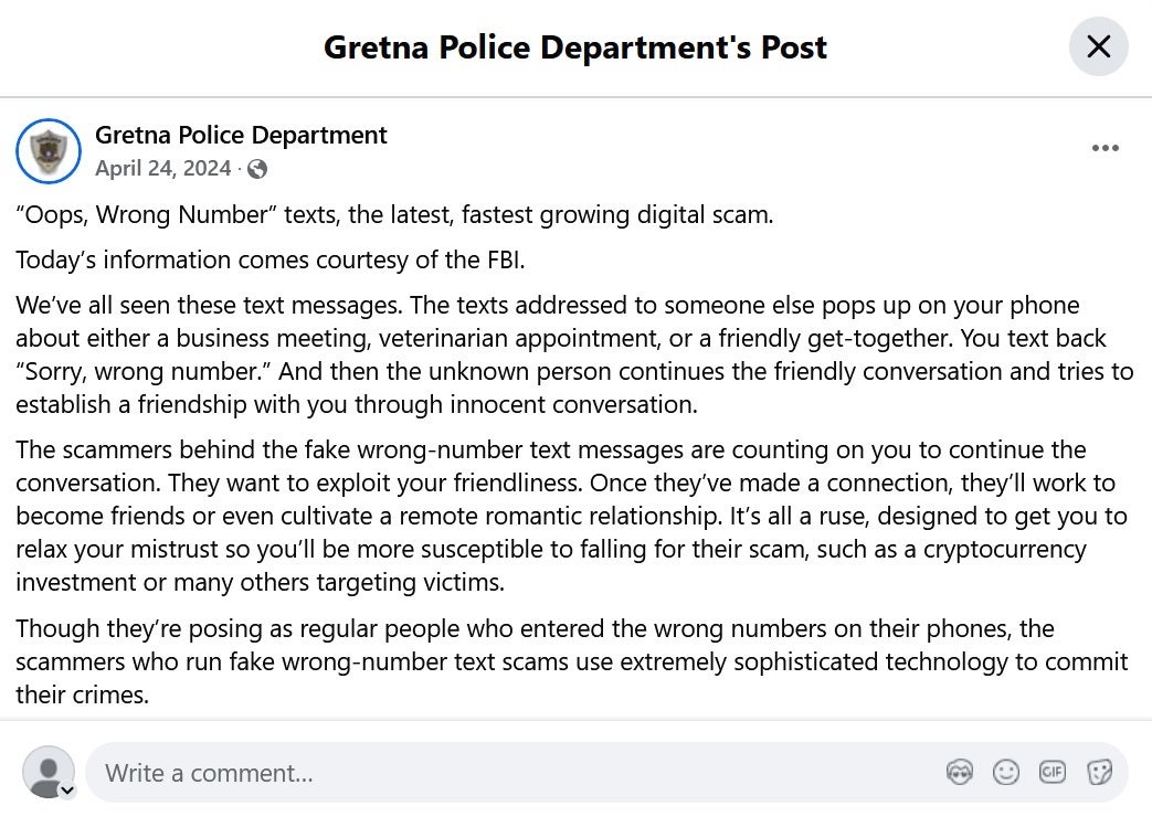 Warning from Gretna Police Department about the fastest growing digital scam. | Image credit-Gretna Police Department - FBI, Cops warn iOS, Android users about the fastest growing text scam looking to rip you off
