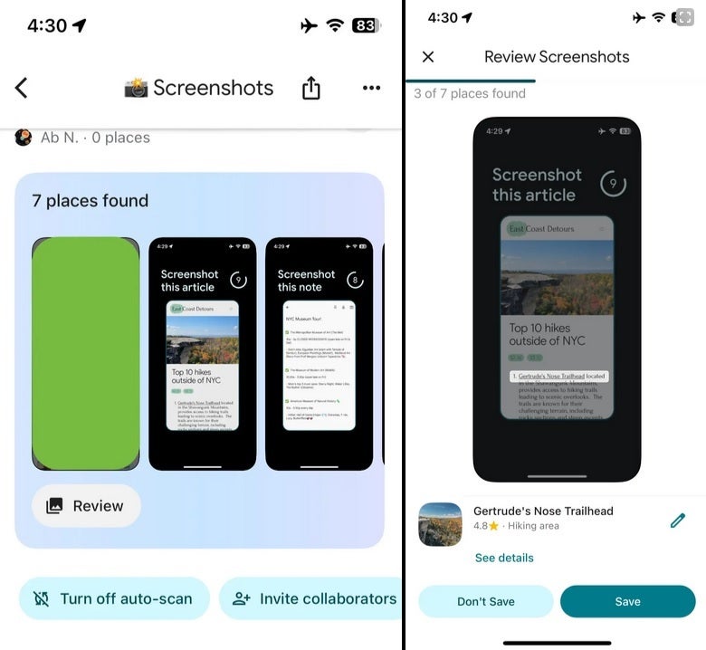Some of the UI that is used with the new screenshot feature for Google Maps for iOS.