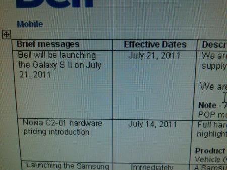 This leaked screenshot of an internal Bell memo says that the Samsung Galaxy S II will launch on July 21st - Edging closer to a U.S. launch, Canada's Bell to release the Samsung Galaxy S II July 21st