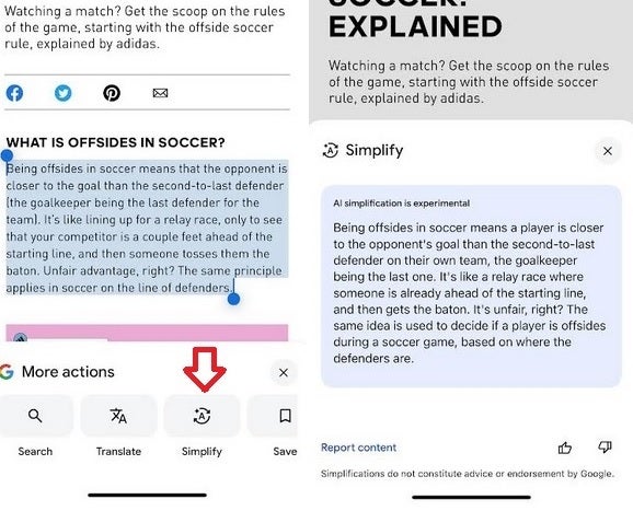 Using Simplify to understand Soccer's offsides rule. | Image credit-PhoneArena - Google Search adds incredibly helpful tool that makes complex concepts easy to understand