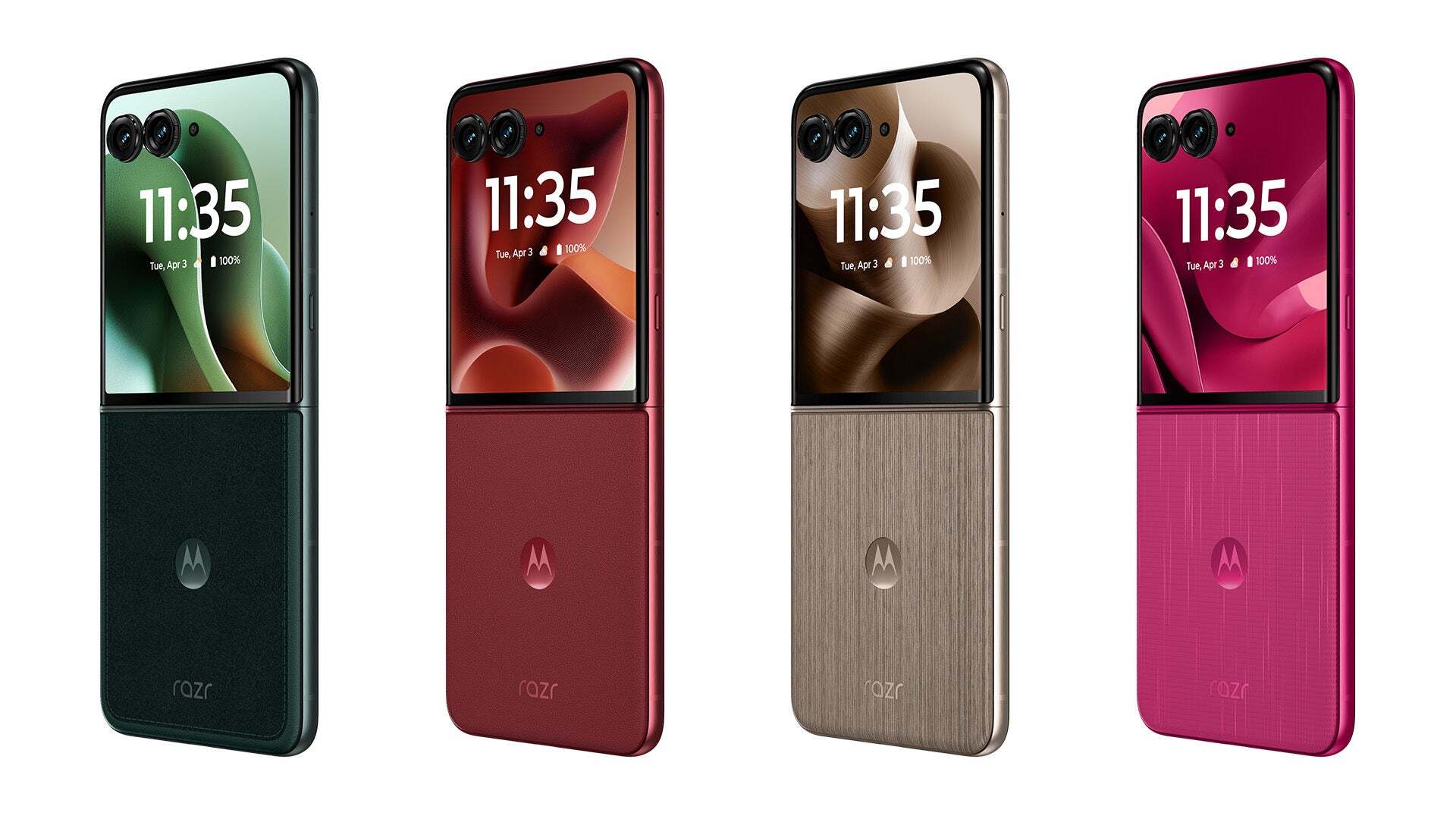 Showcasing the Motorola Razr Ultra (2025) in its four stylish colors, featuring a sleek, foldable design with dual cameras and a vibrant outer display.