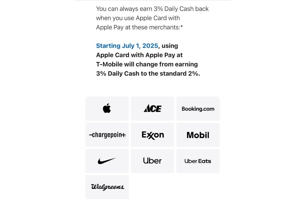 Screenshot of the email being sent to Apple Card users in regards to the T-Mobile savings percentage drop