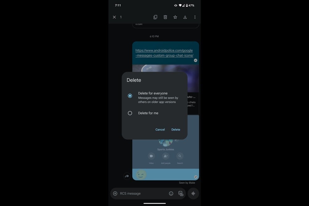 Screenshot of the &amp;quot;delete for everyone&amp;quot; option in Google Messages