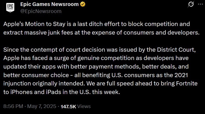 Epic responds to Apple's request to pause any changes changing how the App Store collects payments. | Image credit-X - An "epic" comeback is in the making as Fortnite is returning to the App Store