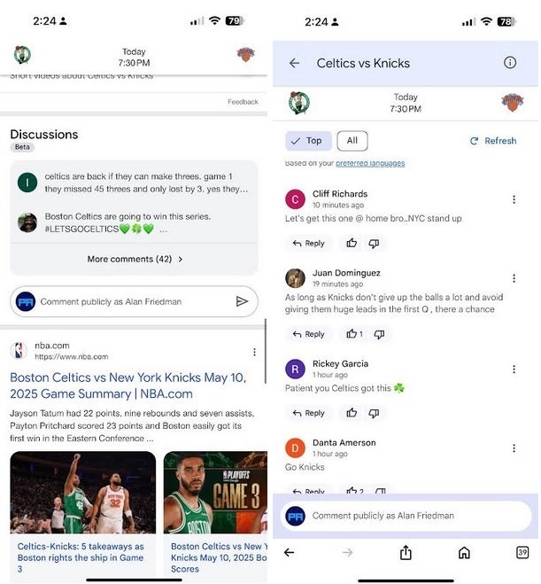 Discuss the Knicks-Celtics series on Google Search. | Image credit-PhoneArena - Google testing new feature that turns the Search app into Reddit