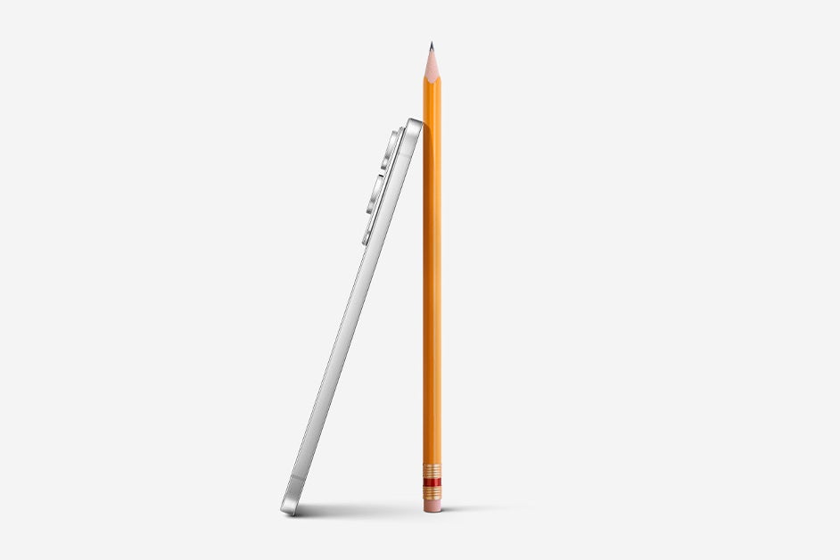 Galaxy S25 promotional image, showing the thin side of the phone next to a pencil