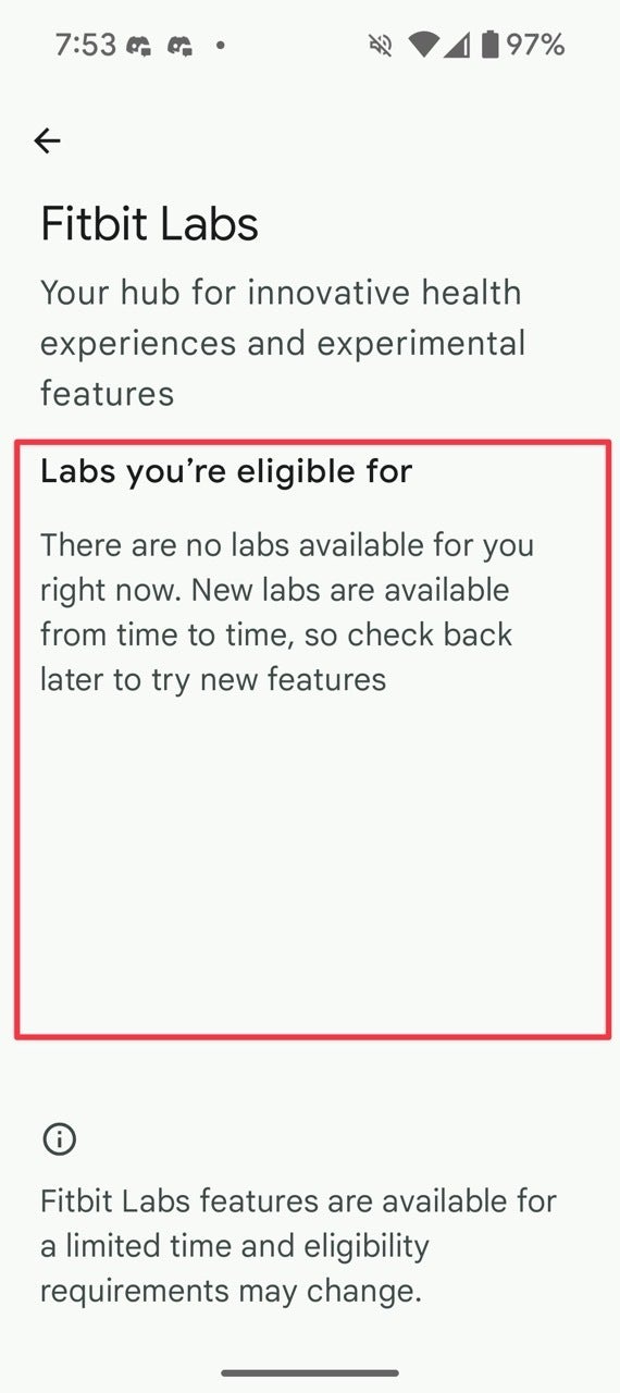 Screenshots from the Fitbit Labs experiments screen