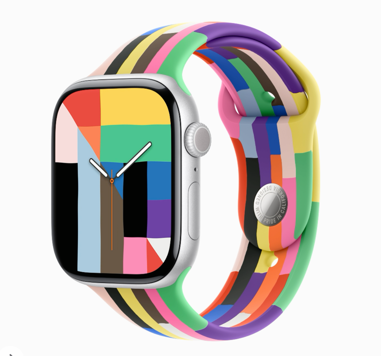 A Banda Esportiva do Pride Edition é montada à mão a partir de listras individuais. | Crédito da imagem-Apple-a coleção de orgulho 2025 da Apple é oficial-e cada banda de relógio é única