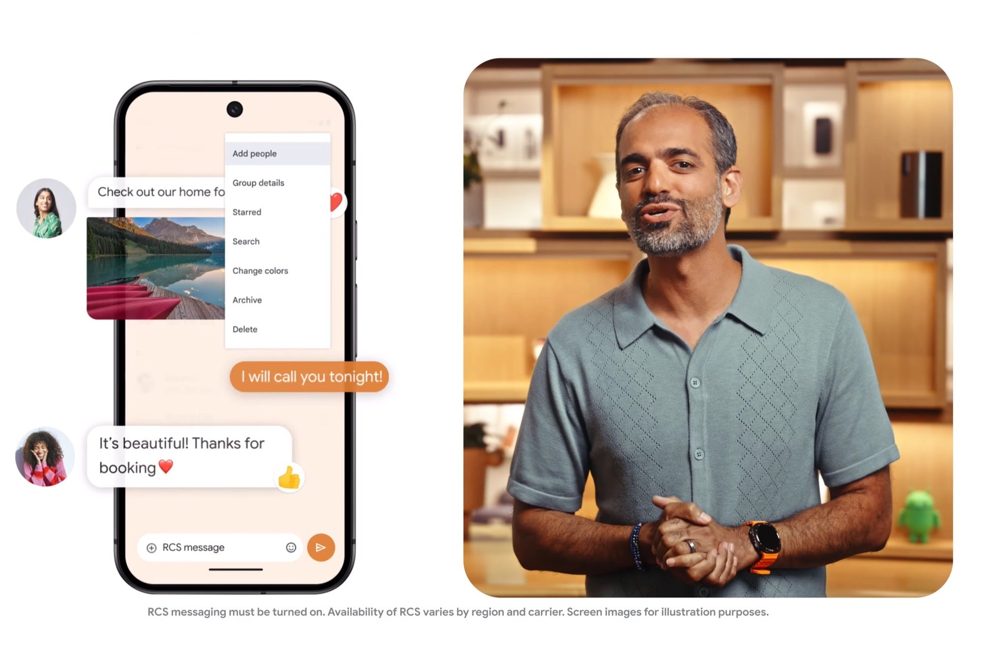 Screenshots of Sameer Samat on the Android show showing Google Messages adding to a group conversation