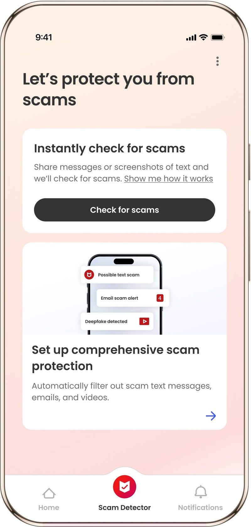 Screenshot of the McAfee Scam Detector features