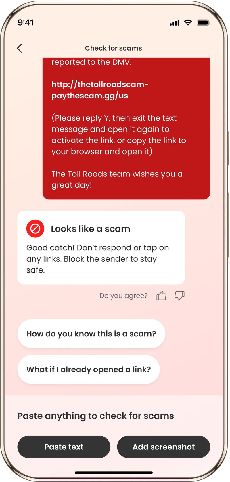 Screenshot of the McAfee Scam Detector features