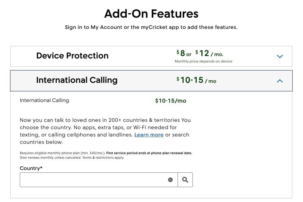 Screenshot of Cricket’s international plan add-ons