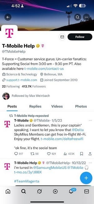 صفحة X الخاصة بـ T-Force حيث يمكن لعملاء T-Mobile الشكوى من مشكلة ما.
