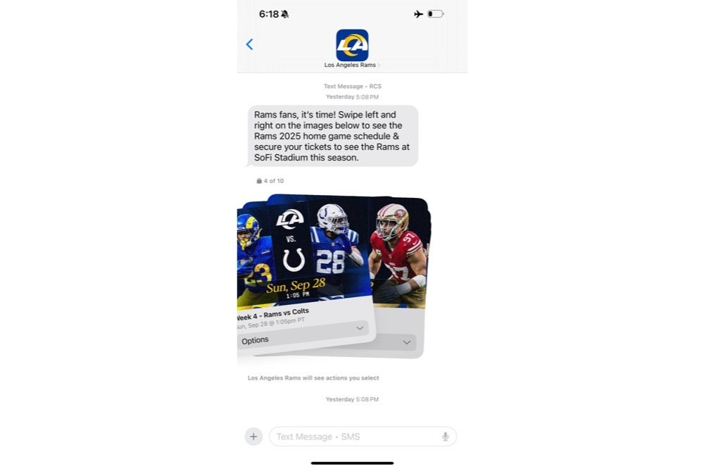 Screenshot of the LA Rams RCS message a user received