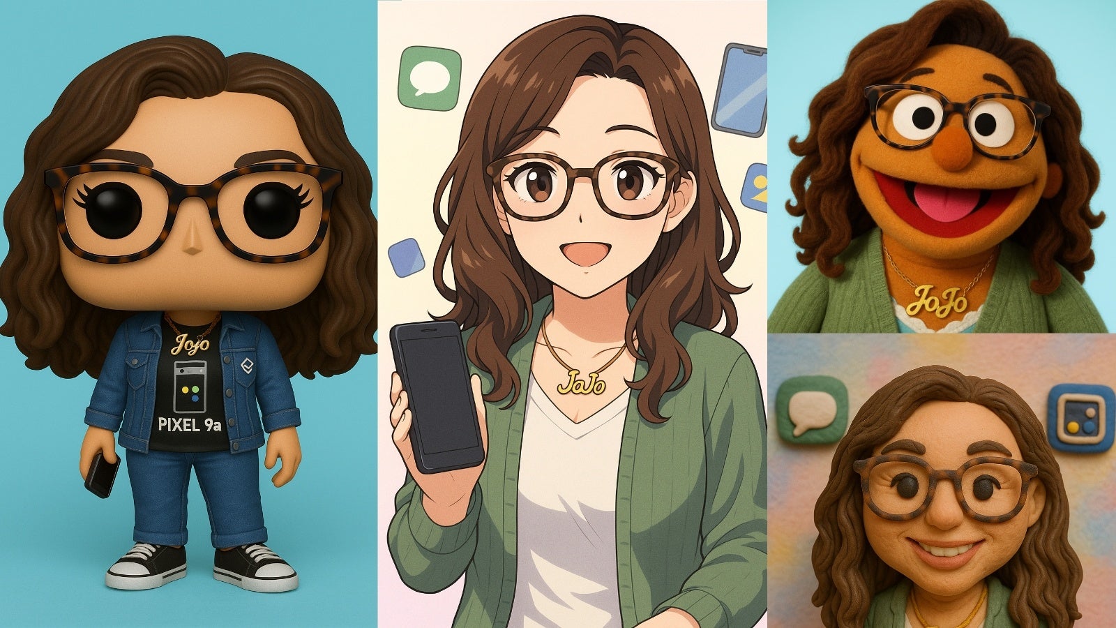 Several AI (ChatGPT) image generation styles based on my profile image (Funko pop, Anime, Muppet, and Claymation). | Image credit — PhoneArena - This Google AI-powered photo feature could rival what you're doing in ChatGPT