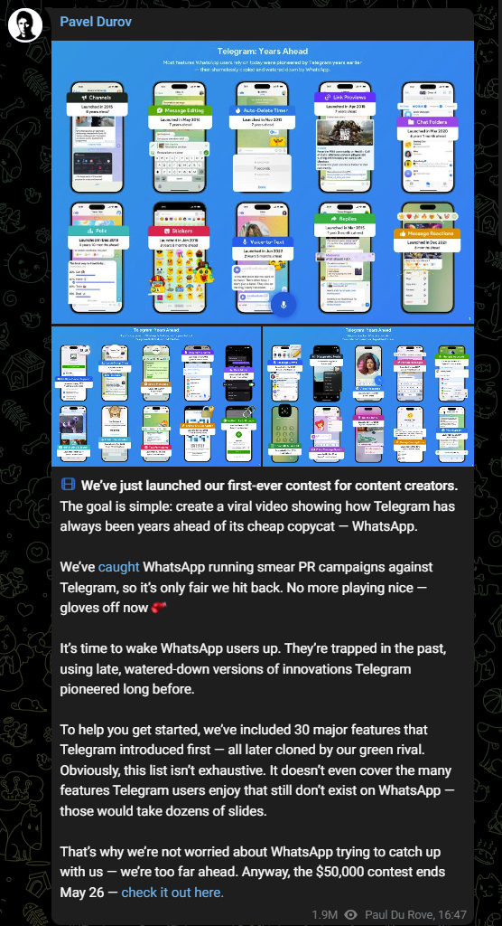 Image source - Telegram - Telegram gives 50,000 US dollars for a video that reveals "Cheap imitators" Whatsapp