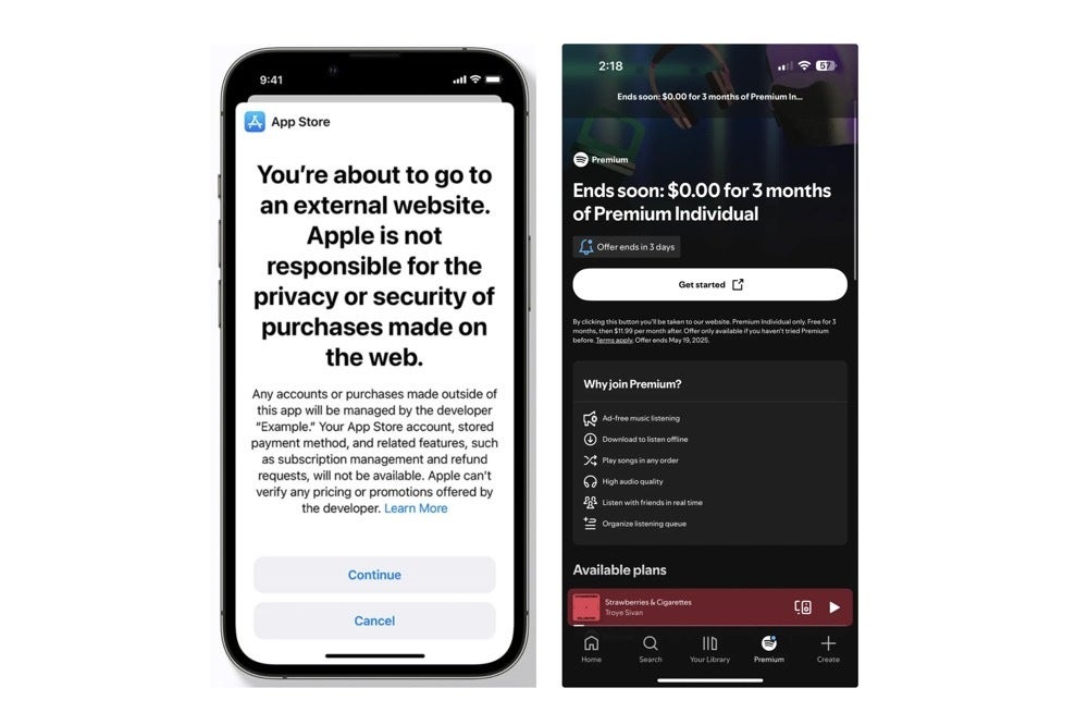 Screenshots of what the App Store &amp;quot;scare screen&amp;quot; looked like before and after the Epic Games court ruling
