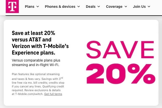 Screenshot of T-Mobile’s misleading ad claim on their website