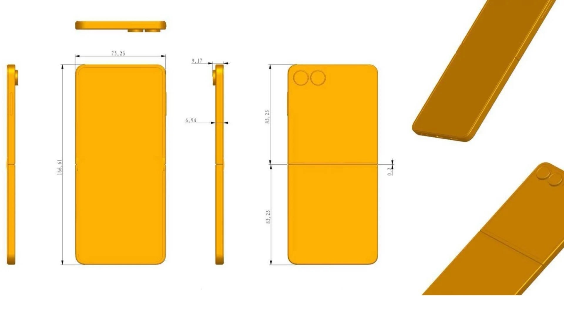 O Galaxy Z Flip 7 deve permanecer o mesmo que o modelo atual. | Crédito da imagem - Sammobile - Galaxy Z Fold 7 e Flip 7 Leak traz todos os ângulos e todas as medidas